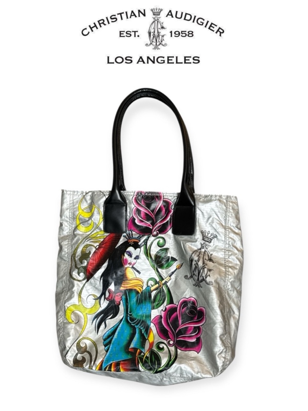 CHRISTIAN AUDIGIER SILVER TOTE BAG Y2K GEISHA ROSE ED HARDY TATTOO ART ERA